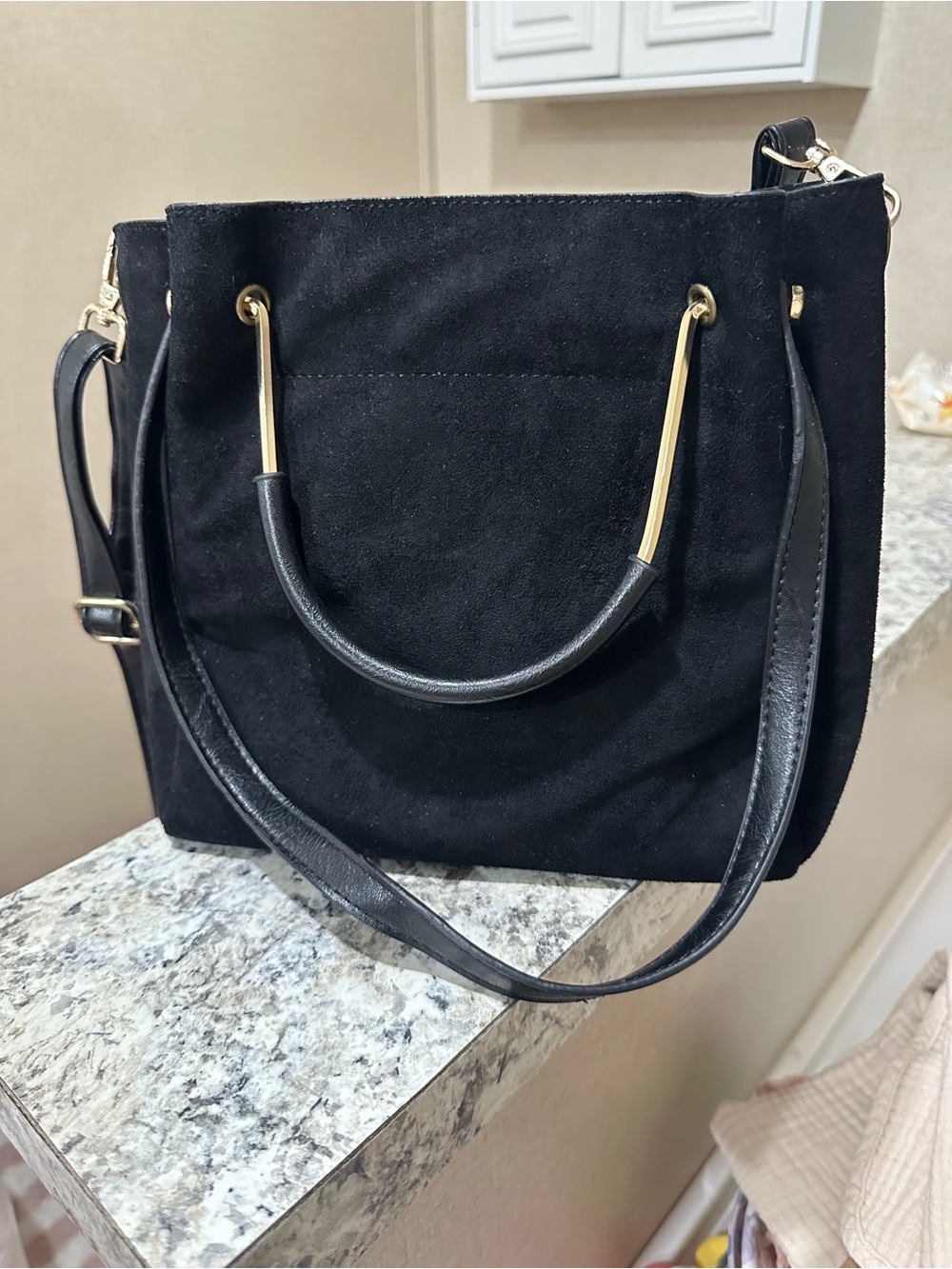 Black Suede Tote Bag with Gold Accents - Women